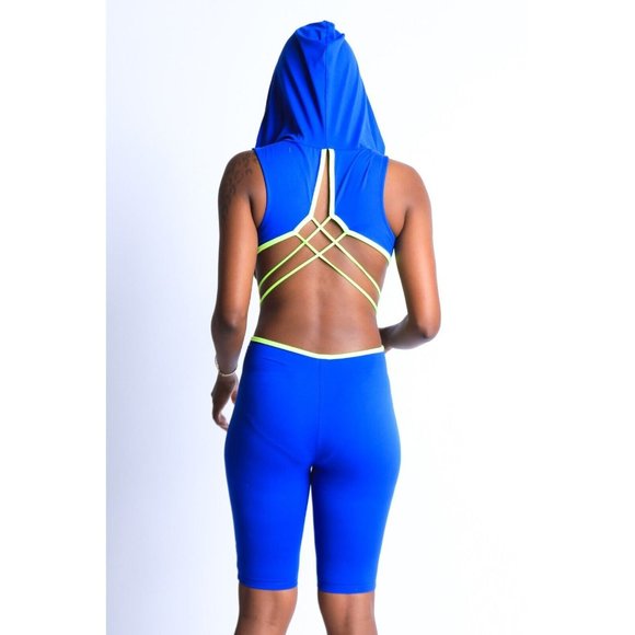 Women's Sleeveless Semi Zip-Up Spaghetti Line Hoodie Romper S M L Royal - Picture 4 of 11